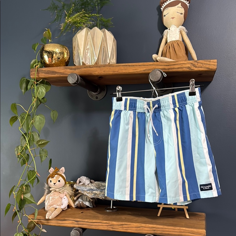 Abercrombie Kids Blue and White Striped Swim Trunks 9/10